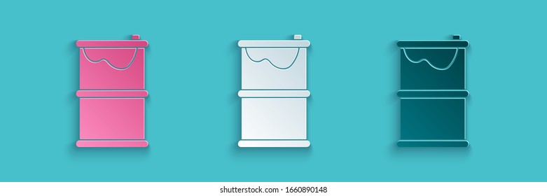 Paper cut Barrel oil leak icon isolated on blue background. Paper art style. Vector Illustration