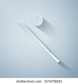 Paper cut Baseball ball and bat icon isolated on grey background. Paper art style. Vector Illustration