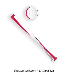 Paper cut Baseball ball and bat icon isolated on white background. Paper art style. Vector.