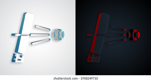 Paper cut Baseball bat with ball icon isolated on grey and black background. Paper art style. Vector