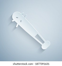 Paper cut Baseball bat with nails icon isolated on grey background. Violent weapon. Paper art style. Vector.