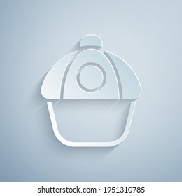 Paper cut Baseball cap icon isolated on grey background. Sport equipment. Sports uniform. Paper art style. Vector