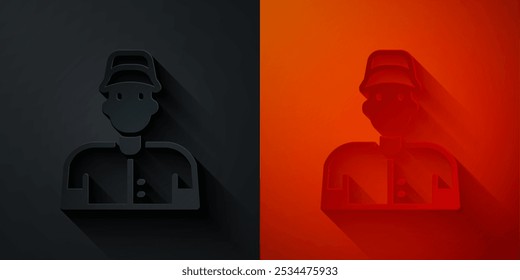 Paper cut Baseball player icon isolated on black and red background. Paper art style. Vector