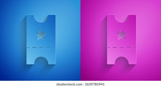 Paper cut Baseball ticket icon isolated on blue and purple background. Paper art style. Vector