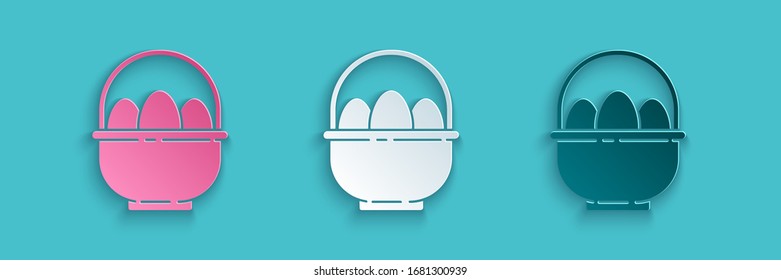 Cesta de corte de papel con un icono de huevos de Pascua aislado en fondo azul.Feliz Pascua. Estilo de arte de papel. Ilustración vectorial