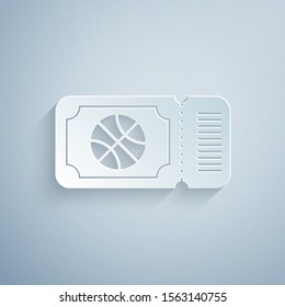 Paper cut Basketball game ticket icon isolated on grey background. Paper art style. Vector Illustration