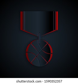 Paper cut Basketball medal with ribbon icon isolated on black background. Paper art style. Vector Illustration