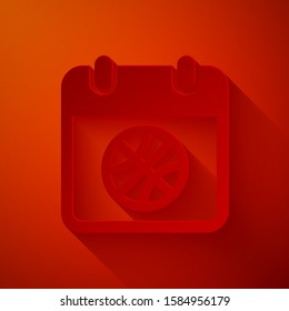 Paper cut Basketball on sport calendar icon isolated on red background. Paper art style. Vector Illustration