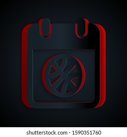 Paper cut Basketball on sport calendar icon isolated on black background. Paper art style. Vector Illustration