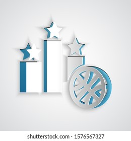 Paper cut Basketball over sports winner podium icon isolated on grey background. Paper art style. Vector Illustration