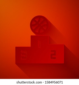 Paper cut Basketball over sports winner podium icon isolated on red background. Paper art style. Vector Illustration