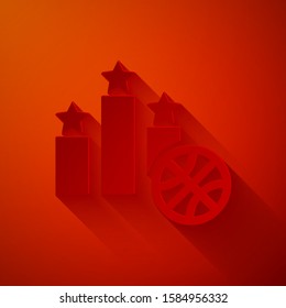 Paper cut Basketball over sports winner podium icon isolated on red background. Paper art style. Vector Illustration
