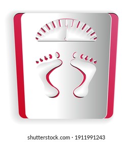 Paper cut Bathroom scales with footprints icon isolated on white background. Weight measure Equipment. Weight Scale fitness sport concept. Paper art style. Vector.