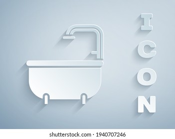 Paper cut Bathtub icon isolated on grey background. Paper art style. Vector