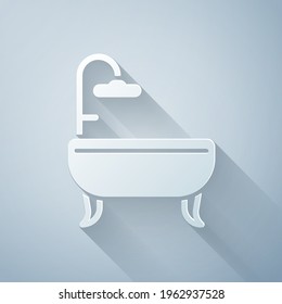 Paper cut Bathtub icon isolated on grey background. Paper art style. Vector Illustration