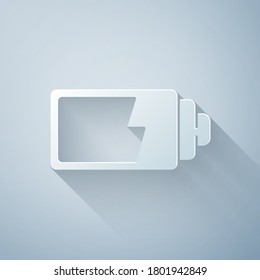 Paper cut Battery charge level indicator icon isolated on grey background. Paper art style. Vector Illustration