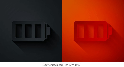 Paper cut Battery charge level indicator icon isolated on black and red background. Paper art style. Vector