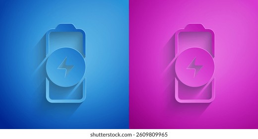 Paper cut Battery charge level indicator icon isolated on blue and purple background. Paper art style. Vector