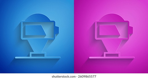 Paper cut Battery charge level indicator icon isolated on blue and purple background. Paper art style. Vector