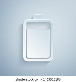 Paper cut Battery icon isolated on grey background. Paper art style. Vector Illustration