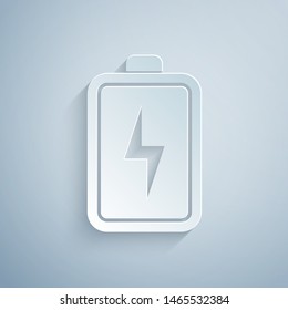 Paper cut Battery icon isolated on grey background. Lightning bolt symbol. Paper art style. Vector Illustration