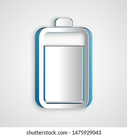 Paper cut Battery icon isolated on grey background. Paper art style. Vector Illustration