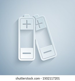 Paper cut Battery icon isolated on grey background. Lightning bolt symbol. Paper art style. Vector Illustration