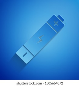 Paper cut Battery icon isolated on blue background. Lightning bolt symbol. Paper art style. Vector Illustration
