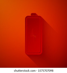 Paper cut Battery icon isolated on red background. Lightning bolt symbol. Paper art style. Vector Illustration