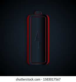 Paper cut Battery icon isolated on black background. Lightning bolt symbol. Paper art style. Vector Illustration