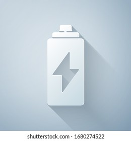 Paper cut Battery icon isolated on grey background. Lightning bolt symbol. Paper art style. Vector Illustration