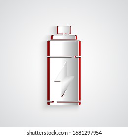 Paper cut Battery icon isolated on grey background. Lightning bolt symbol. Paper art style. Vector Illustration