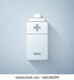 Paper cut Battery icon isolated on grey background. Lightning bolt symbol. Paper art style. Vector Illustration