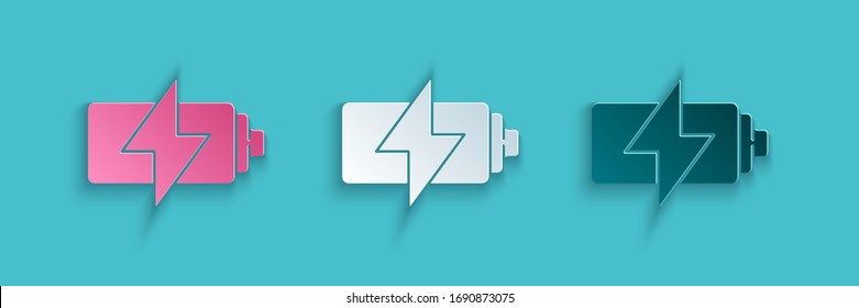 Paper cut Battery icon isolated on blue background. Lightning bolt symbol. Paper art style. Vector Illustration