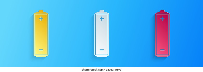 Corte de papel Icono de la batería aislado en fondo azul. Estilo de arte de papel. Vector.