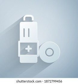 Paper cut Battery icon isolated on grey background. Lightning bolt symbol. Paper art style. Vector