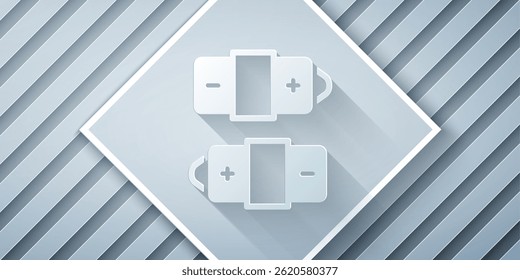 Paper cut Battery icon isolated on grey background. Lightning bolt symbol. Paper art style. Vector