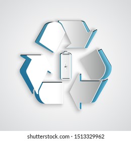 Paper cut Battery with recycle symbol line icon isolated on grey background. Battery with recycling symbol - renewable energy concept. Paper art style. Vector Illustration