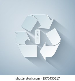 Paper cut Battery with recycle symbol icon isolated on grey background. Battery with recycling symbol - renewable energy concept. Paper art style. Vector Illustration