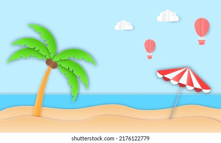Paper Cut Beach Background With Coconut Tree, Umbrella, Hot Air Balloons And Clouds.