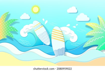 Paper cut beach bright Color background. Vector illustration template, sunshade with blue cloudy sky.
