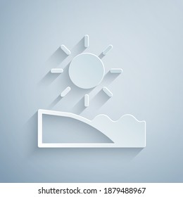 Paper cut Beach icon isolated on grey background. Tropical beach landscape. Good sunny day. Paper art style. Vector.