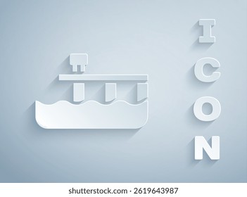 Paper cut Beach pier dock icon isolated on grey background. Paper art style. Vector
