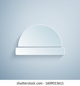 Paper cut Beanie hat icon isolated on grey background. Paper art style. Vector Illustration