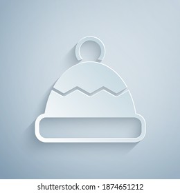 Paper cut Beanie hat icon isolated on grey background. Paper art style. Vector.