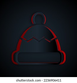 Paper cut Beanie hat icon isolated on black background. Paper art style. Vector