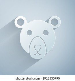 Paper cut Bear head icon isolated on grey background. Paper art style. Vector
