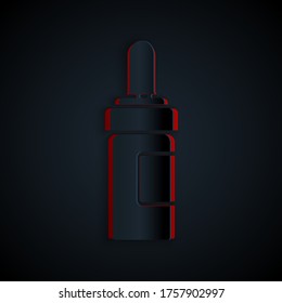 Paper cut Beard and mustaches care oil bottle icon isolated on black background. Glass bottle with pipette. Paper art style. Vector Illustration