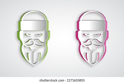 Paper cut Bearded lumberjack man icon isolated on grey background. Paper art style. Vector