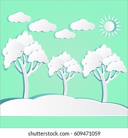 Paper cut beautiful landscape. nature white tree sun sky cloud on blue background vector illustration